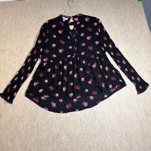 Bongo Floral Babydoll Top Womens XL Black Rayon Boho Keyhole Peplum Blouse Rose